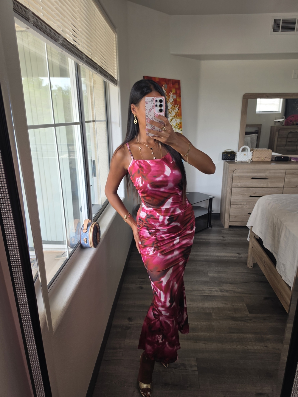 Fitted Pink Floral Maxi Dress